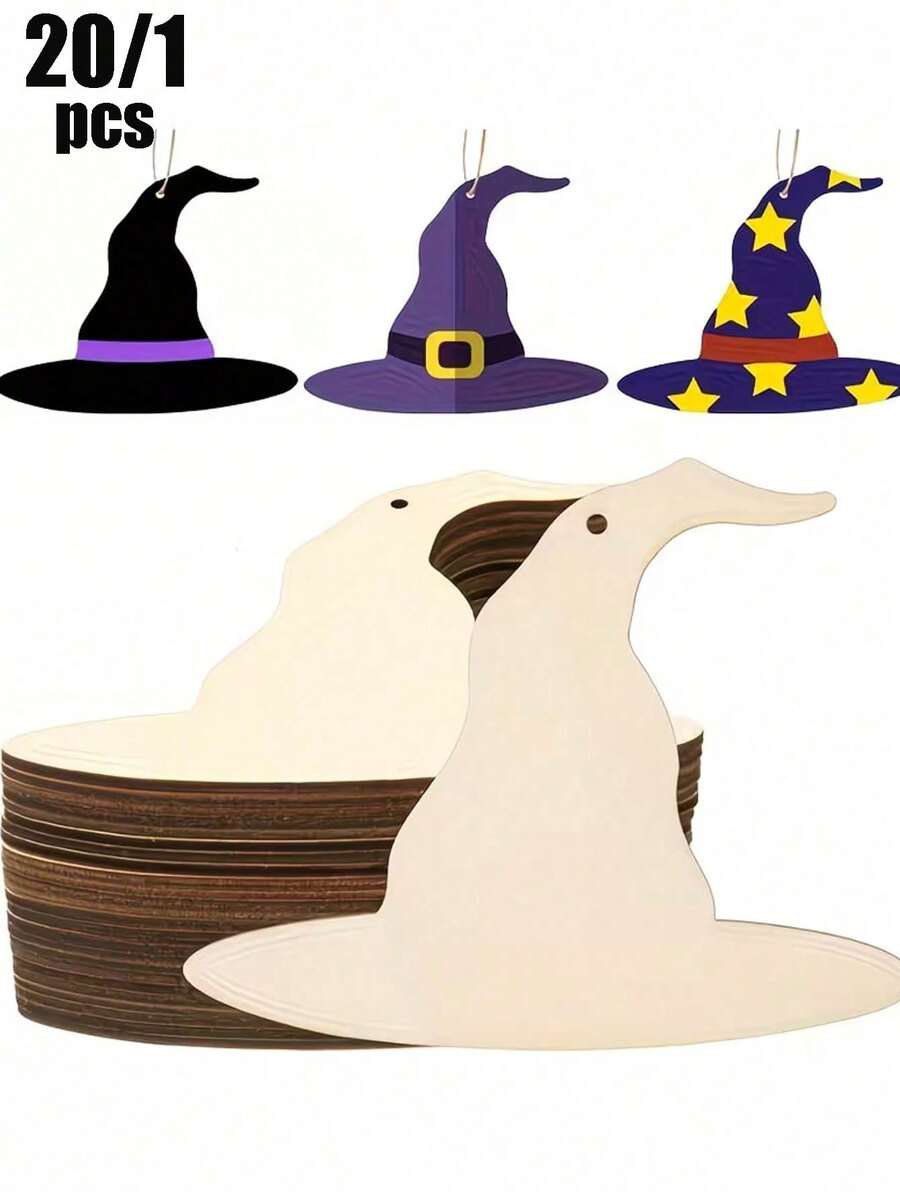 20pcs Halloween Witch Hat DIY Decorative Wooden Signs, Witch Hat Shaped Design With Jute Rope, Suitable For Halloween Party Surprise Decoration, Halloween Indoor And Outdoor Party, Halloween Scene Arrangement, Trick Or Treat Activity, DIY Handicrafts, Holiday Gift - One Size Fits All - View 1