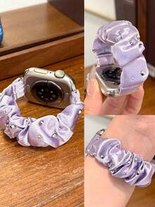 1pc Purple Satin Rhinestone Elastic Hair Tie Watch Band Compatible With Apple Watch Series 11/10/9/8/7/6/5/4/3/2/4/1/Ultra/SE/38/40/41/42/44/45/46/49mm, Women's Shiny Decorative Wristband, Smart Watch Band Accessory Summer Hair Tie Strap, Affordable Wristband - Smoke Purple - View 3