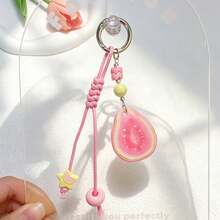 1 pièce Porte-clés en résine de fruit avec perles de corde tressées à la main, pendentif de sac fraise orange pastèque tomate figue - Multicolore - Voir 3