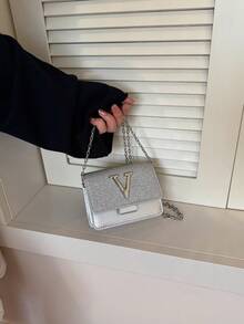 Bolso de hombro con cadena y solapa de lentejuelas súper mini minimalista - Plateado - Ver 8