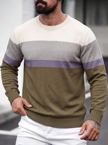 SU ER 1pc Men's Autumn/Winter Casual Striped Knit Sweater - Olive Green - View 5