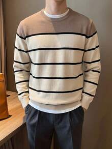 SU ER 1pc Men's Autumn/Winter Casual Striped Knit Top - Apricot - View 5