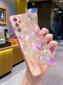 1pc Purple Pink Butterfly Camera Protection Phone Case UV Printed Compatible With Samsung/Galaxy/ Android Models - Pink - View 4