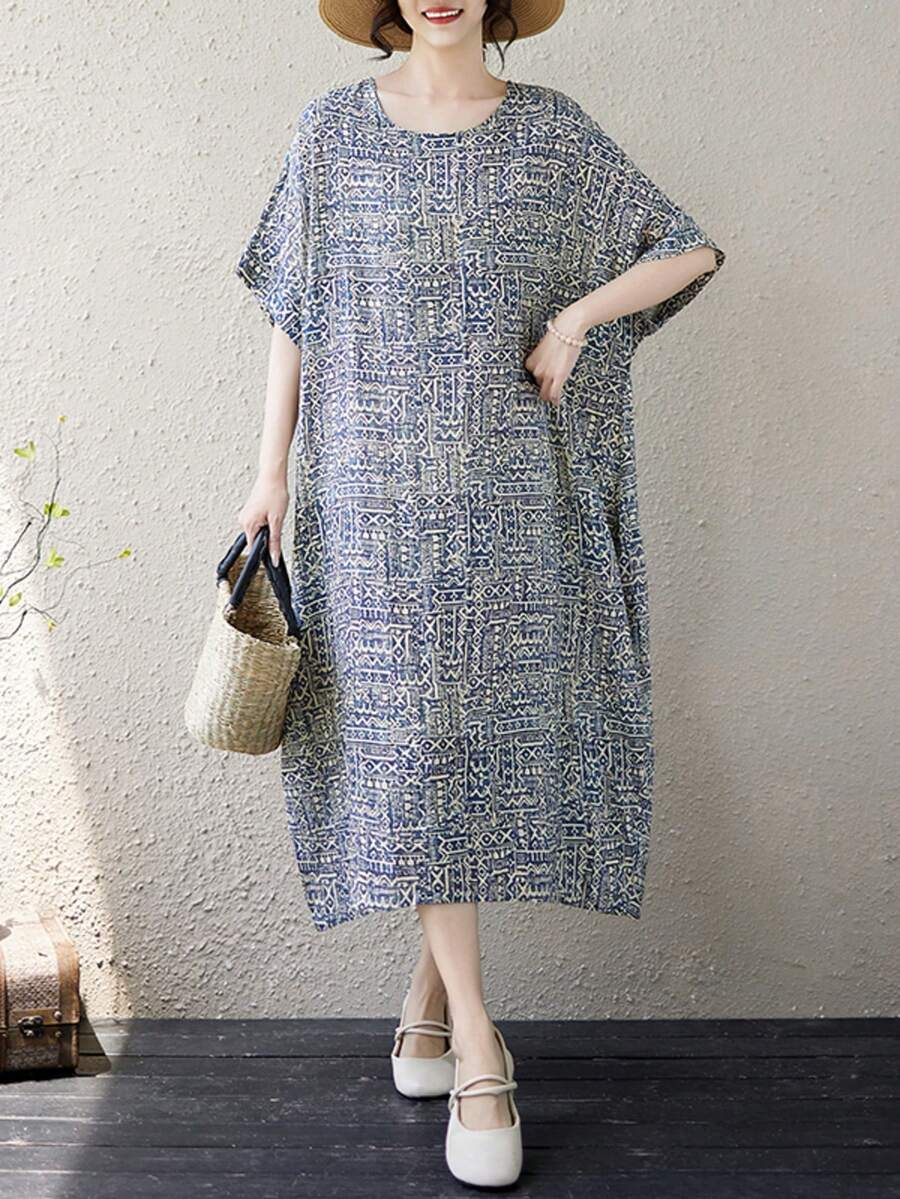 Tops 2026 Plus Size Women's Summer Retro Style Plus Size Women's Waist Cinching Dress, Medium To Long, Batting Sleeves And Pockets Vacation Elegant - Blue - View 1