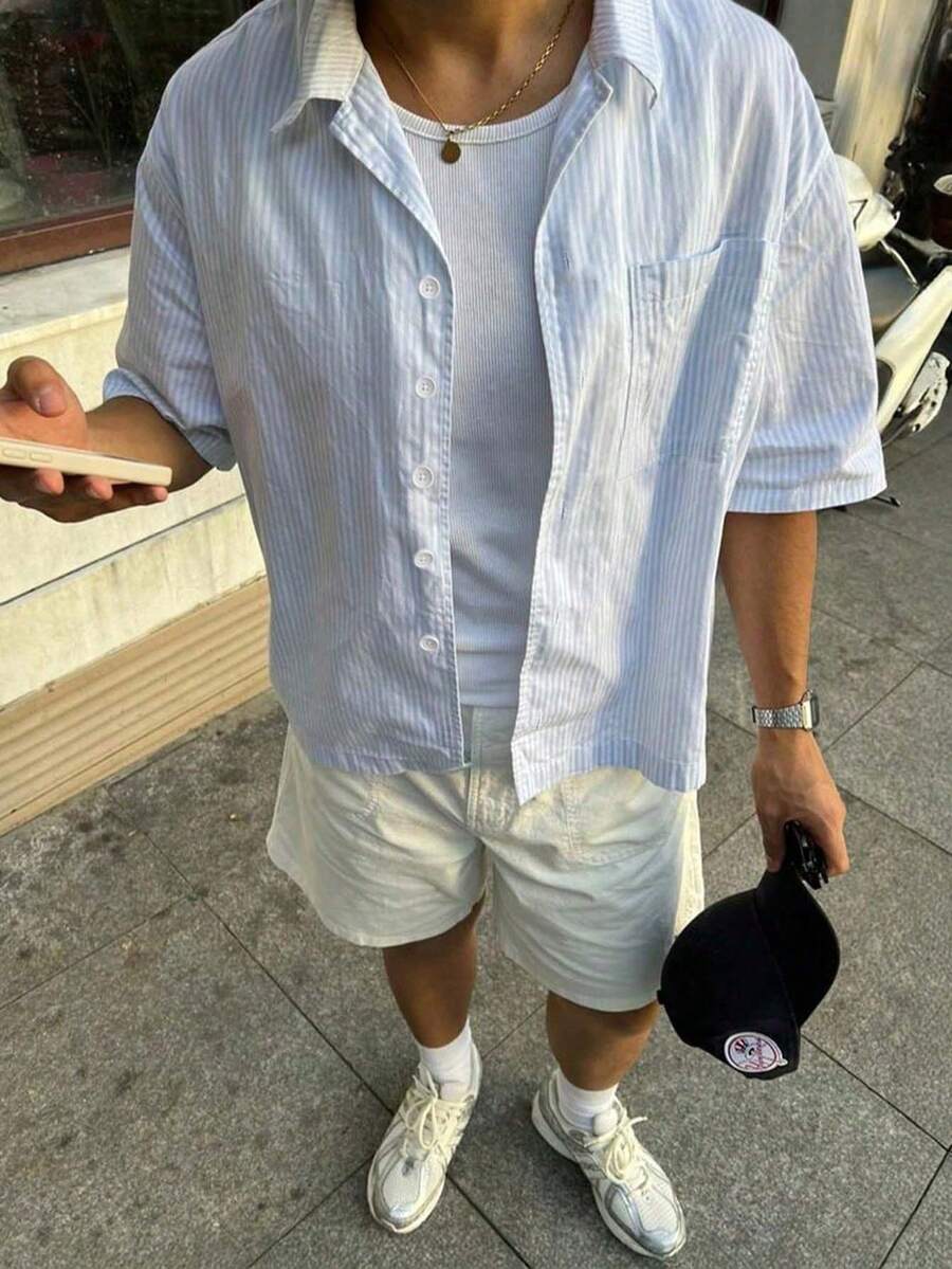 Men's Striped Drop Shoulder Short Sleeve Single-Breasted Casual Shirt, Summer, Aesthetic - Multicolor - View 1