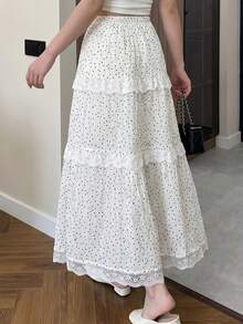 Women's Spring/Summer White Small Polka Dot Lace Trim Layered Cake Skirt, Gentle Style Commute & Travel Skirt - White - View 6