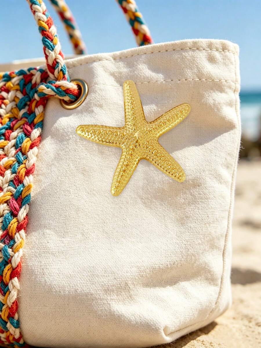 1pc Women's Vintage Embossed Gold Starfish Brooch, Ocean Theme Textured Pin, Minimalist Nautical Fashion Accessory For Summer Vacation And Daily Wear - Gold - View 1