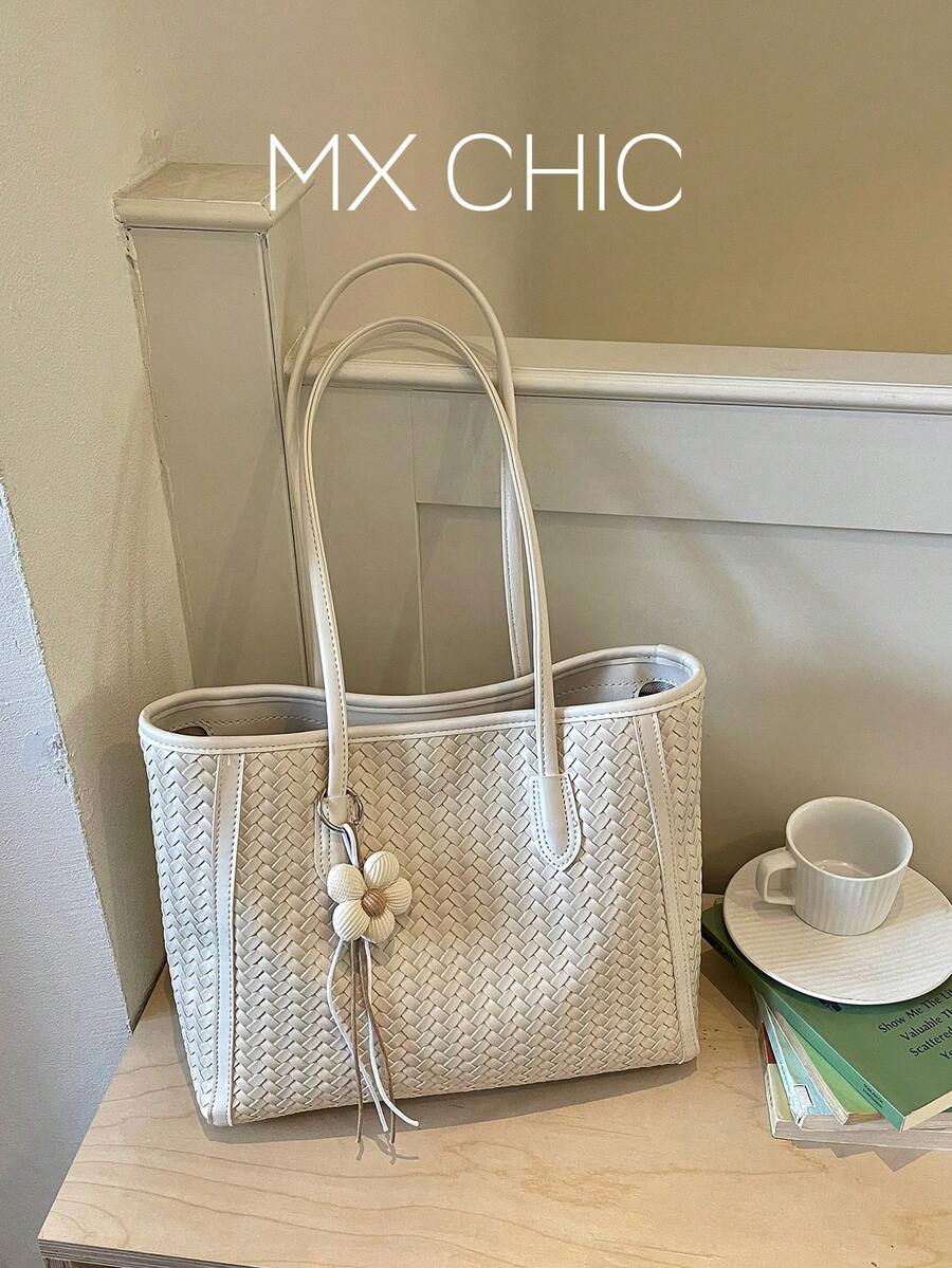 1pc Women's Solid Color PU Middle Compartment Shoulder Tote Bag, Large Capacity, Suitable For Outing, Shopping, Dating, Gift - Beige - View 1