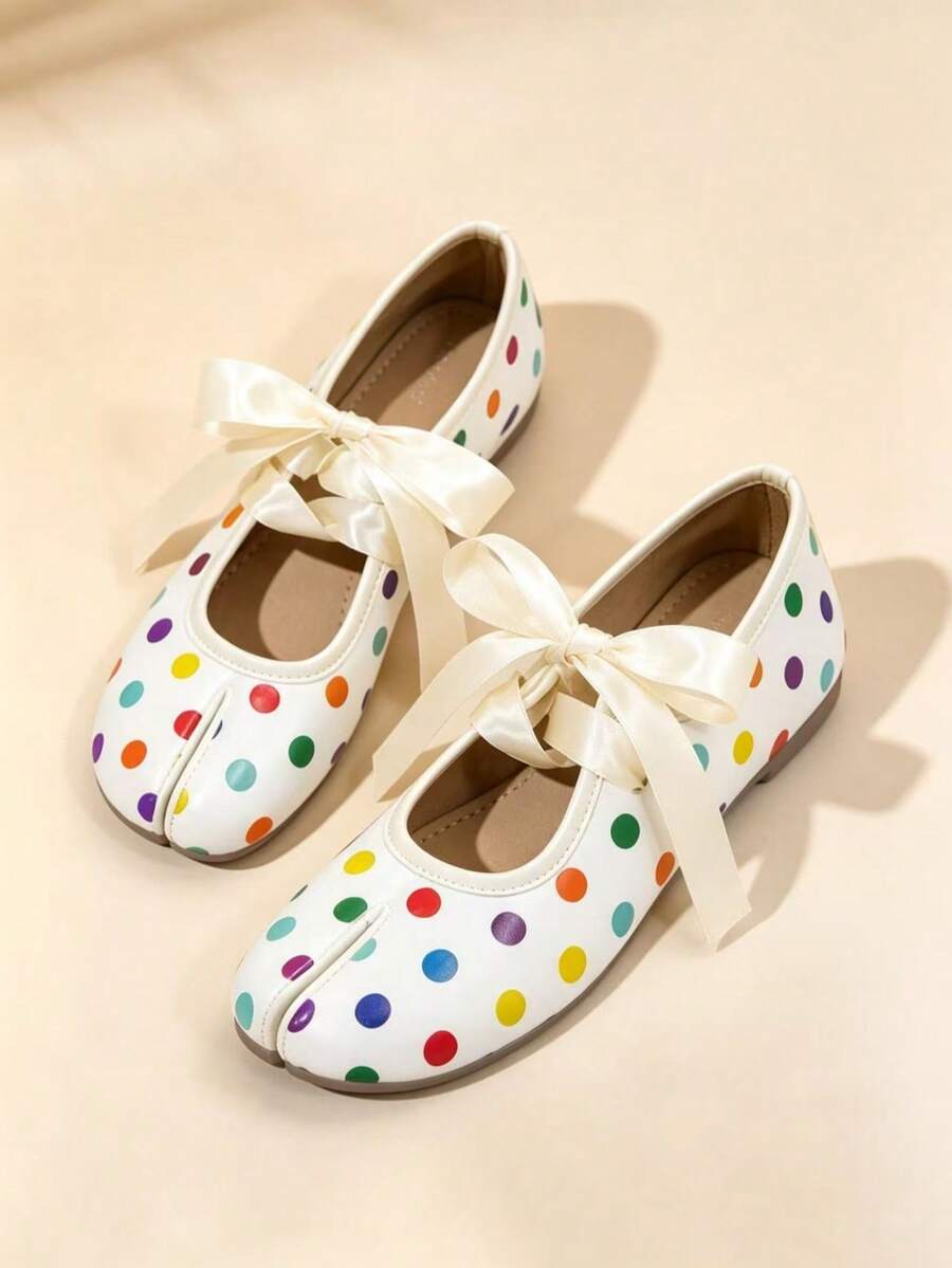 Women's White Polka Dot Mary Jane Shoes, Open Toe Design, Sweet Flat Versatile Slip-On Granny Shoes, Satin Lace-Up Open Toe - Colorful Polka Dots - View 1