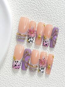 10Pcs Vintage Girly Aesthetic Style Handmade Press On Nail,Polygel Nail Set,Black Leopard Spots, Pink And Purple Nail Polish,Y2K Sweet Punk Style,Includes Nail Tools,3 Sizes Available,Almond Nails,Duck Nails,Coffin Nails For Party,Dance,Daily Wear. - 彩色 - 查看 4