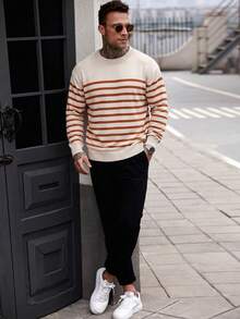 SU ER 1pc Men's Casual Striped Knit Sweater, Autumn/Winter - Burnt Orange - View 7