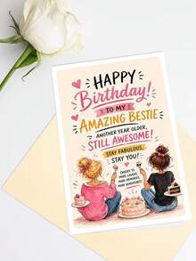 1張「祝我的超棒閨蜜生日快樂」趣味生日卡附信封，可愛水彩 BFF 設計，適合女性與好閨蜜的精美祝福卡，內頁空白 - A - 查看 11