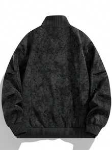 Men's Autumn/Winter Zipper Baseball Jacket | Stand Collar, Vintage Distressed Faux Suede Texture, Ribbed Cuffs & Hem, Side Pockets + Inner Pockets, Casual Streetwear Jacket - Black - View 7