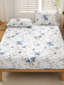 1pc White Background Watercolor Blue Branch Peony Floral Pattern Fitted Sheet, No Filling, Bedroom Use Flannel Ultra-Fine Fiber Breathable Comfortable Fitted Sheet, King/Queen/Full/Twin Size - Baby Blue - View 6