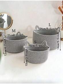 1pc/3pcs Handmade Woven Cat Design Rope Storage Basket, Cat Ear Decor Woven Desktop Storage Basket, Suitable For Living Room, Bedroom, Desktop, Bedside, Bathroom, Dorm, Home Atmosphere Decor, Modern Bohemian Rope Hanging Basket, Natural Mixed Rattan Decor, Perfect For Back To School Season - Black and White - View 3