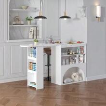 Modern Extendable Bar And Dining Table, Rotating High Small Bar Table – With Pet Area, Without Pet Food Bowl And Pet Cushion, White, Marble-Effect Tabletop, 120(+80)*40*100 Cm - White - View 8