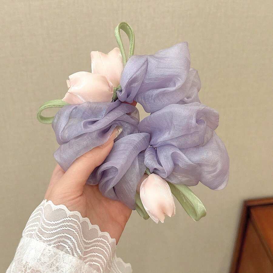 1件紫色仙女森系鬱金香髮圈，溫柔花卉髮飾，髮繩，髮髻裝飾，百搭高馬尾髮繩，精緻髮飾 - 淡紫色 - 查看 1