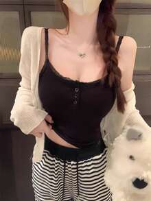 性感風蕾絲細肩帶背心上衣 女款 夏季內搭外穿 修身顯瘦 短版露背上衣 黑色休閒款 - 黑色 - 查看 4