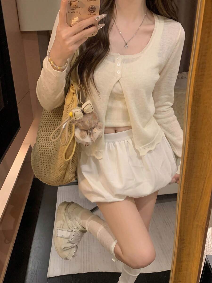 女士轻薄披肩领外套,休闲纯色长袖上衣,适合春夏穿着 - 杏色 - 查看 1
