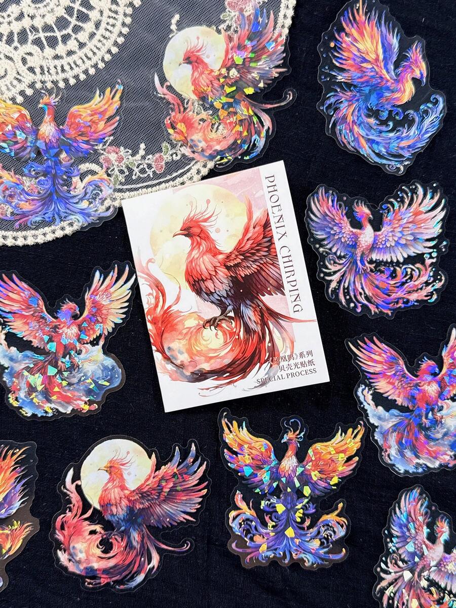 10入/包復古鳳凰主題貼紙,適用手帳DIY拼貼裝飾、剪貼簿、日記本、學校用品 - 鳳凰鳴 - 查看 1
