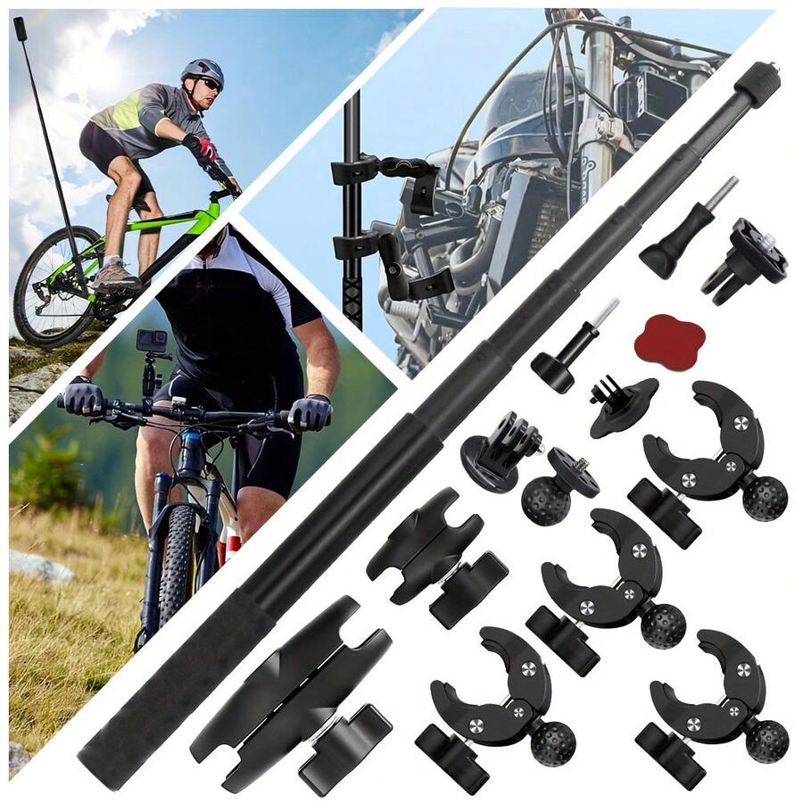 2026 Neues Motorradhalterung-Set, kompatibel mit Insta360 One X5 X4 X3 X2 RS OSMO, stabile Motorradklemme, ausziehbare Panorama-Stange, rutschfeste CNC-Basis, perfekt zum Aufnehmen von Fahrvideos, mit Regenschirm-Clip-Funktion - Übersicht 1
