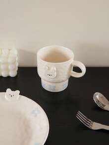 1pc 230ml Hand-Crafted Ceramic Rabbit Mug, Blue Floral Relief Rabbit Mug, Relief Bear Coffee Mug; Ideal For Home Decor And Tableware, As Drinking Cups For The Living Room, Bedroom, As Gifts, Festive Decorations, Or As Drinking Cups For Parties - Multicolor - View 9