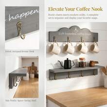 Wall Mounted Coffee Mug Holder With 8 Hooks, Wooden Coffee Cup Rack With Coffee Sign, Space Saving Kitchen Mug Organizer Display Shelf For Kitchen, Bar, Coffee Station - Grey - View 5