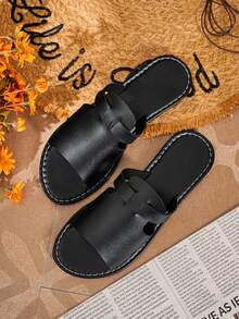 New Spring/Summer Fashion Casual Slip-On Sandals, Casual Flat Slides, Beach Sandals, Vacation Style Versatile Flat Slip-On Women's Sandals - Black - View 6