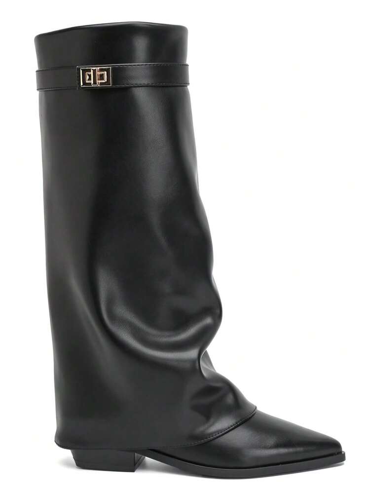Bottes Hautes à Recouvrement à Boucle Dorée – L'Allure Cavalière Urbaine - Black 2596A - View 3