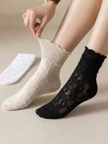 Hart & Haze 1 Pair/3 Pairs Women's Thin Japanese JK Style Mary Jane Lace Mesh Breathable Floral Crew Socks, Suitable For Spring/Summer Wear With Loafers - Multicolor - View 1