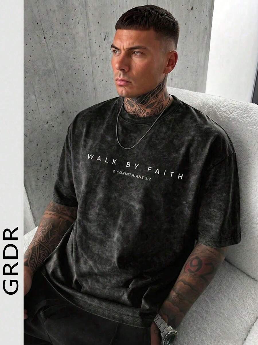 GRDR Men's Letter Print Washed Round Neck Short Sleeve T Shirt,Comfortable And Breathable,Suitable For Summer Wear. - 黑色 - 查看 1