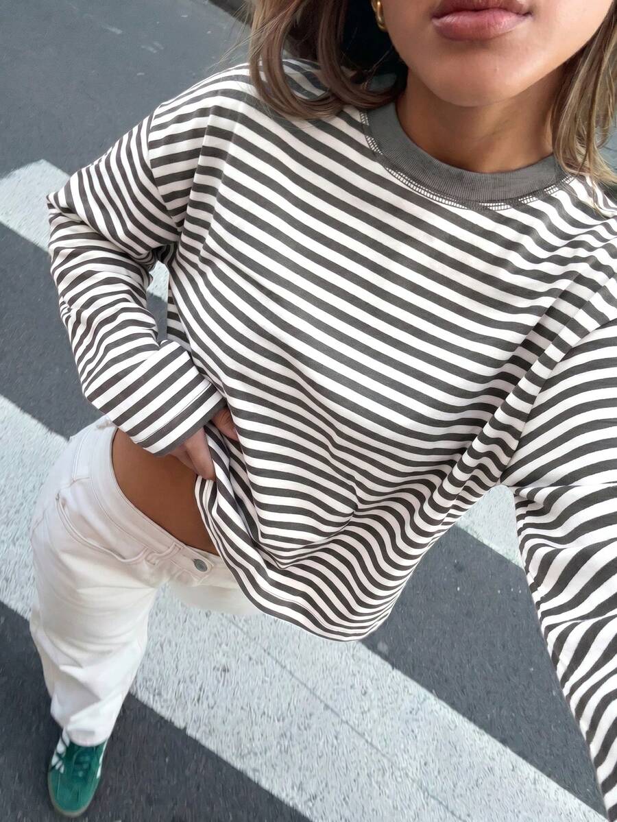 Camiseta casual de manga larga con cuello redondo, hombros caídos y rayas con contraste de punto acanalado para mujer, primavera