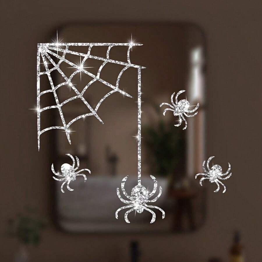 Shiny Spider Web Stickers - Fun Home Decor Decals, Durable And Removable, Suitable For Bedroom Windows, Makeup Mirrors, Full-Length Mirrors, Laptops, Doors & Windows Decoration - Sticker - View 1