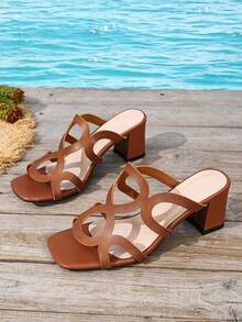 Spring/Summer Women's Brown High Heel Sandals, Pointed Square Toe, Thick Heel, Comfortable And Practical High Heel Shoes, Square Grooved Thick Heel Design To Highlight Slender Leg Lines, Solid Color Style, Comfortable And Versatile Women's Slippers - Brown - View 6
