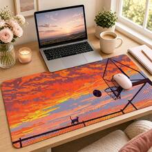 Orange Sunset Basketball Court Black Cat Illustration Large Mouse Pad, Healing Anime Sunset Landscape Non-Slip Stitched Edge Desk Mat, Thickened Keyboard Pad, Suitable For Students And Office - View 2