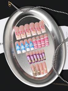 24pcs Medium Long Trapezoid Nail Stickers, Hot Summer Style, Nude Pink Gradient Color For Youthful Look, Removable And Reusable, Easily Create American Y2K Sweet Girl Nails, Suitable For Fair And Dark Skin Tones - 彩色 - 查看 2