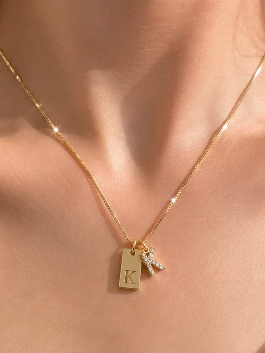 1pc Vintage Exquisite Versatile Gold Initial Multi-Pendant Stainless Steel Box Chain Necklace, Collarbone Chain Suitable For Women And Girls-Stainless Steel Nameplate Pendant, Inlaid With Sparkling Cubic Zirconia Initial, Personalized Customized Jewelry, Perfect Gift For Summer, Beach Vacation And Layering - Yellow Gold - View 1