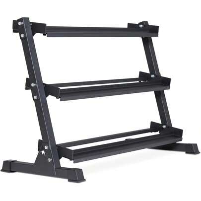 Three Tier Dumbbell Weight Rack Stand, Heavy Duty Steel Dumbbell Storage Organizer, Multi Level Hand Weights Holder For Five To Fifty Pound Sets, Freestanding Home Gym Fitness Equipment, Metallic Black