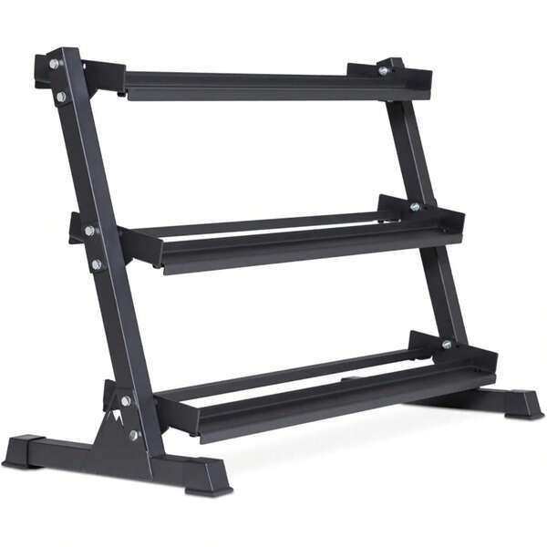 Three Tier Dumbbell Weight Rack Stand, Heavy Duty Steel Dumbbell Storage Organizer, Multi Level Hand Weights Holder For Five To Fifty Pound Sets, Freestanding Home Gym Fitness Equipment, Metallic Black