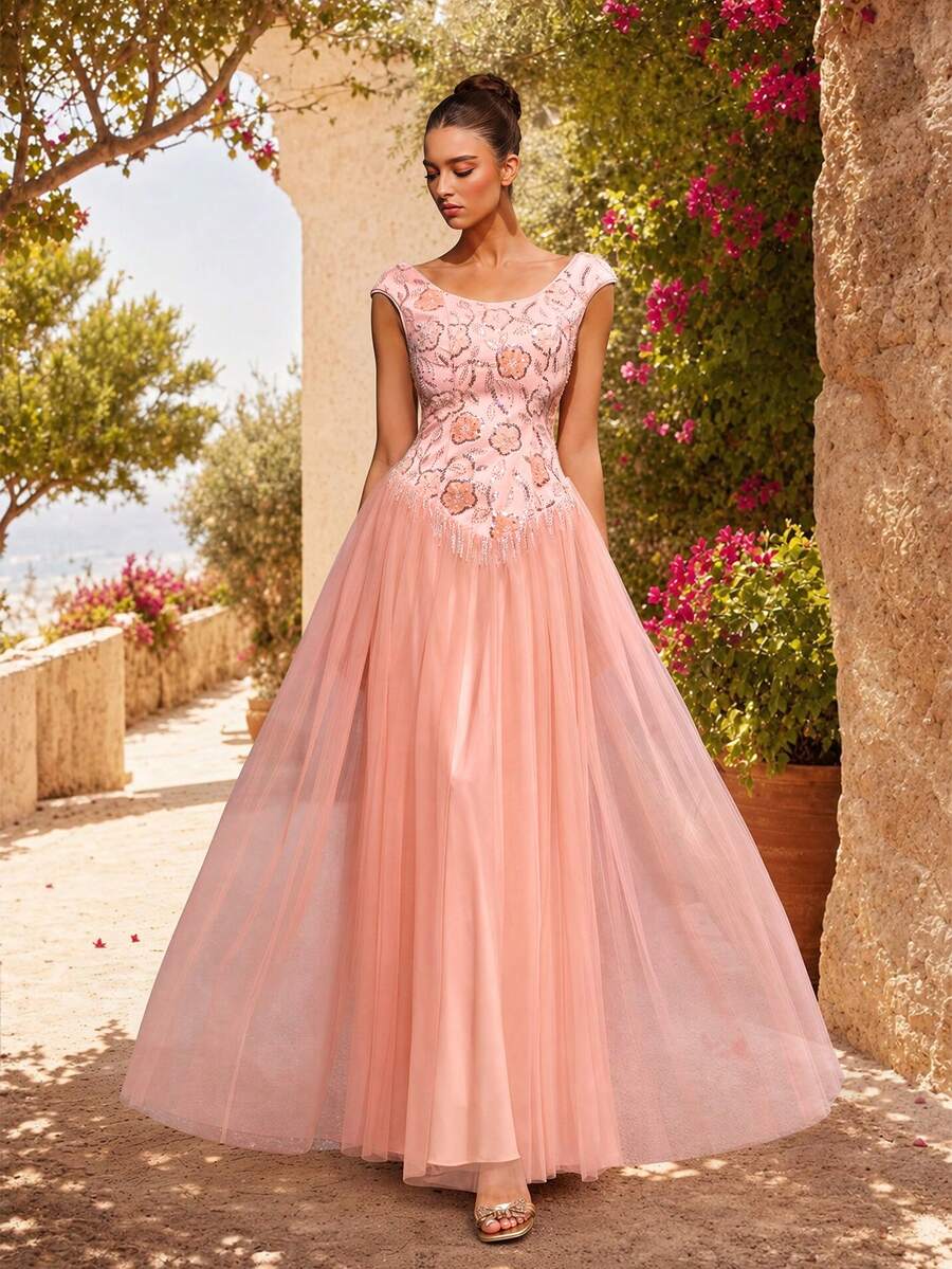 VIPGIRL Elegant Sleeveless Pink Mesh Long Dress, Decorated With Flowers And Sequins, Perfect For Prom Or Evening Events. - Pink - View 1