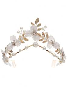1pc Handmade Twisted Metal Leaf Pearl White Flower Headband With Rhinestone Accents, Versatile Hair Accessory For Wedding, Party, Dress, Atmospheric - Multicolor - View 9