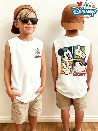 Disney Mickey Plaid Printed Vest, Breathable And Comfortable Children's Summer Round Neck Sleeveless T-Shirt, Boys' Clothing