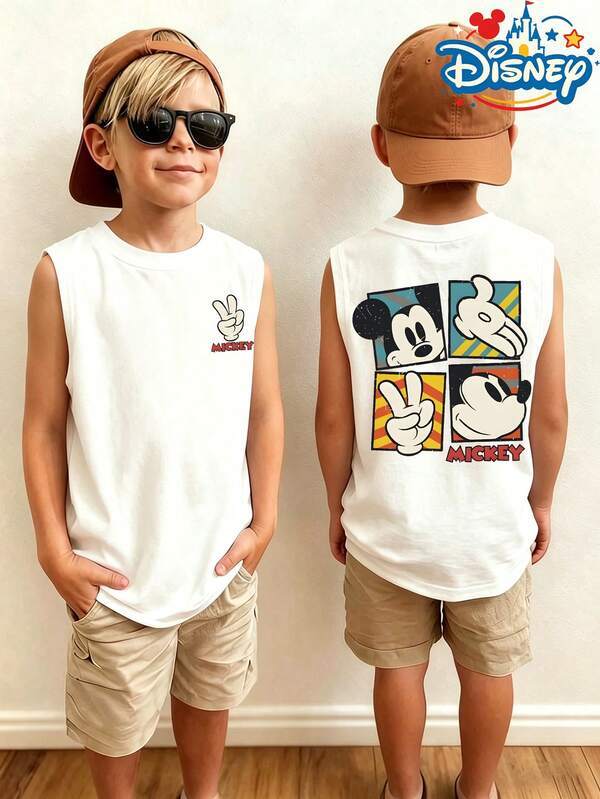 Disney Mickey Plaid Printed Vest, Breathable And Comfortable Children's Summer Round Neck Sleeveless T-Shirt, Boys' Clothing