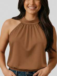 Blusa Feminina Gola Alta Halter Sem Mangas em Suplex Liso Elegante - Chocolate - Visão 6