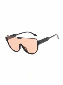 1pc Large Frame One-Piece Lens Fashion Glasses Half-Rim Tea Color Street Style Versatile Women's Eyewear - 亮黑茶片 - 查看 6