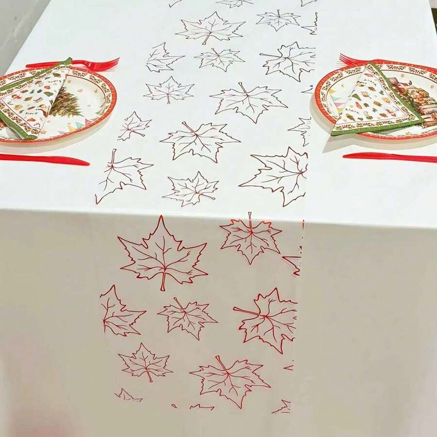 1pc Line Drawing Table Runner 28*275cm 11.02*108.27inch Tougan Transparent Line Drawing Maple Leaf Table Runner Polyester Fabric Table Decor Suitable For Christmas Party, Birthday Party, Thanksgiving, Etc. (Multiple Colors Available) - Multicolor - View 1
