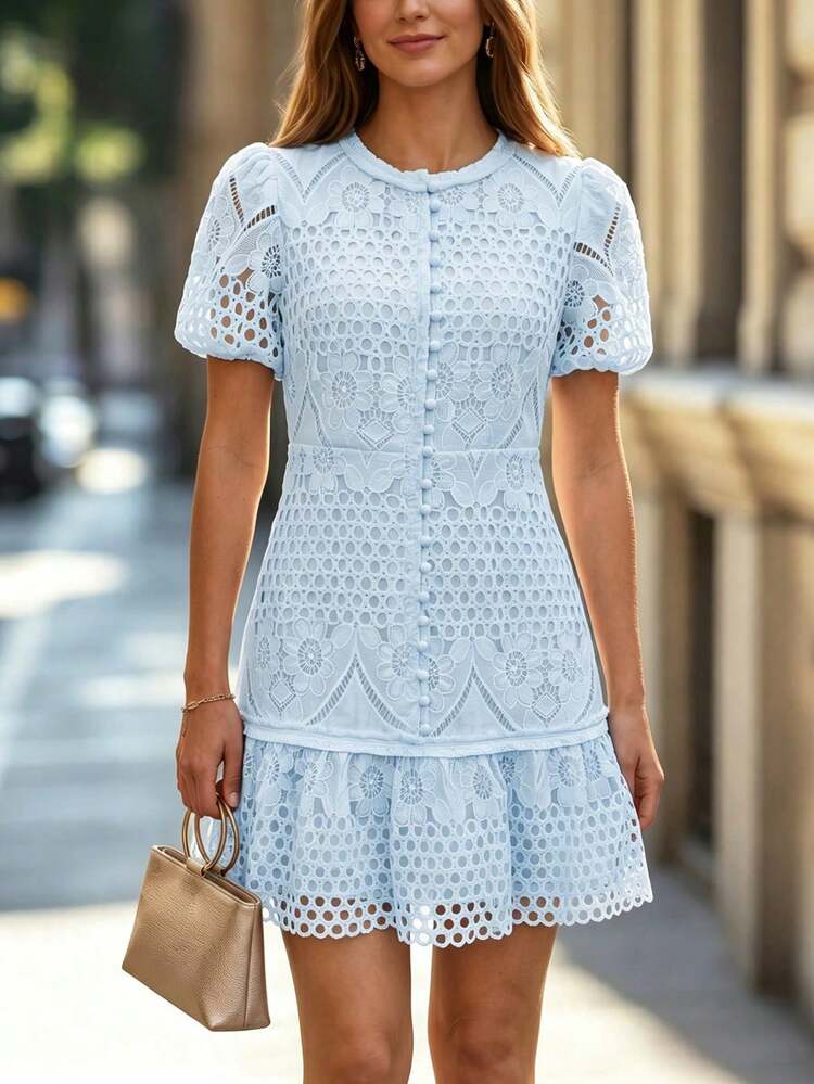 Vusalt Women's Summer White Heavy Embroidery Lace Vintage Elegant Puff Sleeve Fitted French Style Vacation Dress, Suitable For Valentine's Day, Beach, Wedding Guest, Birthday And Other Occasions, Elegant Lady, Vacation Outfit, Party Dress, Halloween, Holiday Wear - Blue - View 7
