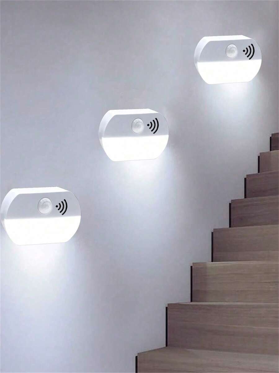 3件組感應式LED小夜燈,電池供電,適用於走廊、樓梯、浴室、衣櫥、臥室(不含AAA電池),1/2/3件可選 - 白色 - 查看 1