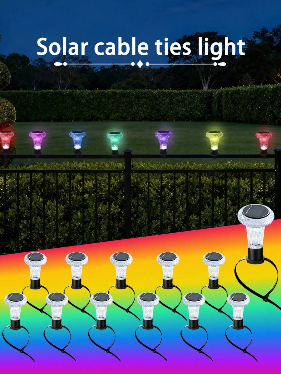 6/12pcs Solar Powered LED Tie Lights, 3 Modes White/Warm/Colorful, Easy Install Flexible Binding Lights, Suitable For Swimming Pool Edge, Trampoline, Fence And Garden Ground Decoration, Waterproof Solar Outdoor Lights