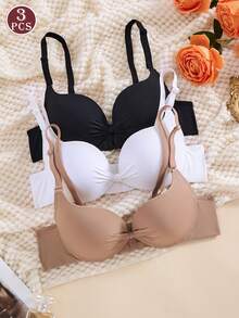 3 piezas Sujetadores con aros y cobertura total sin costuras, negro sólido/blanco,Sostenes de lencería sexy con aros de sujeción, de cobertura total sin costuras, transpirables y lisos - Negro+blanco+caqui - Ver 6